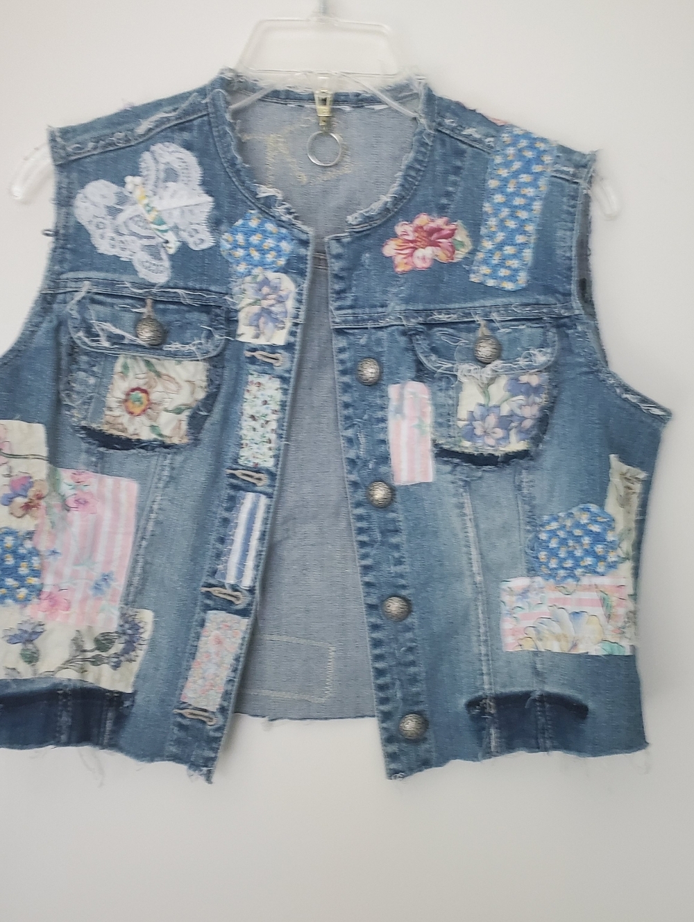 Upcyled Cropped  Button Down Denim Vest Patches Fraying Lace Butterflies Size XS